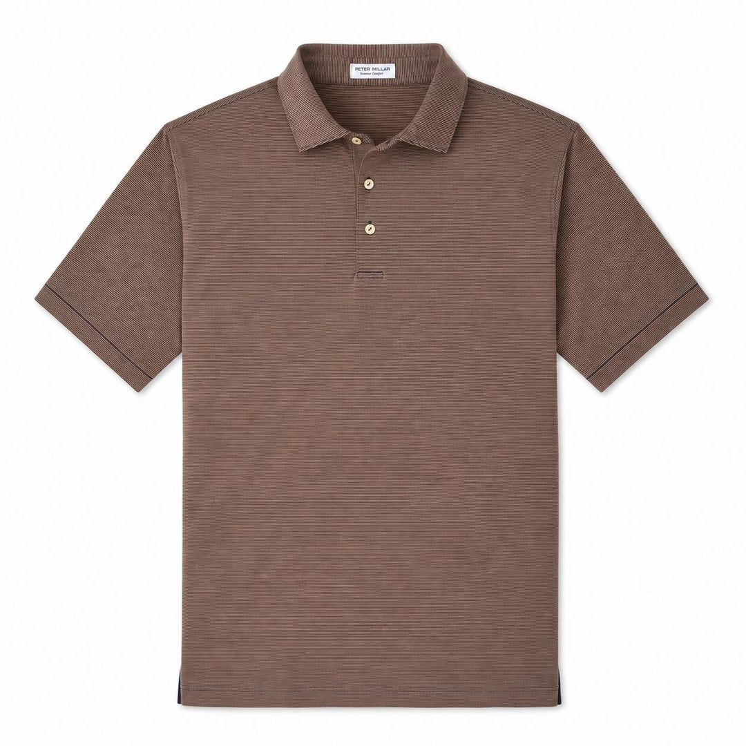Brown Peter Millar performance jersey polo with a fine horizontal stripe pattern, self-fabric collar, and three-button placket.