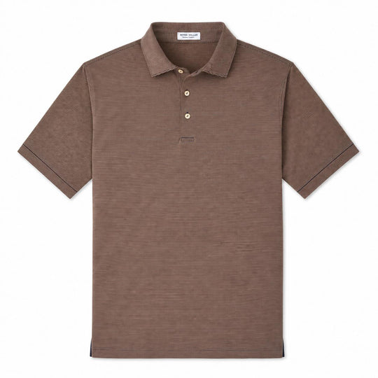 Brown Peter Millar performance jersey polo with a fine horizontal stripe pattern, self-fabric collar, and three-button placket.