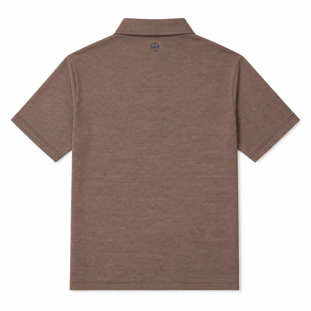 Back view of a brown Peter Millar performance jersey polo with a self-fabric collar and small crown logo at the neck.
