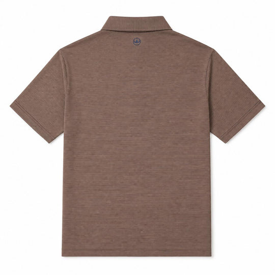 Back view of a brown Peter Millar performance jersey polo with a self-fabric collar and small crown logo at the neck.