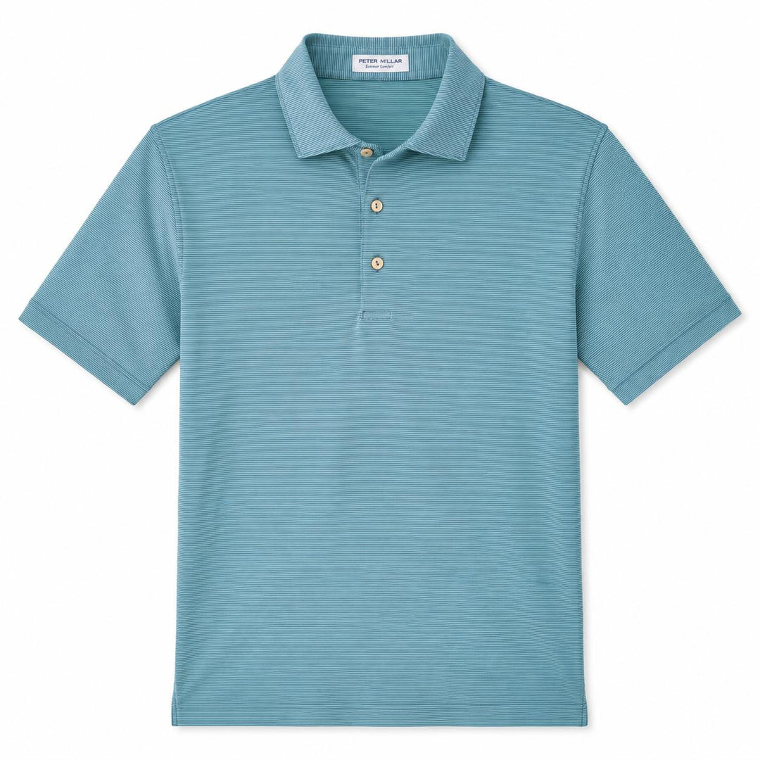 Blue Peter Millar performance jersey polo with fine horizontal stripes, self-fabric collar, and three-button placket.