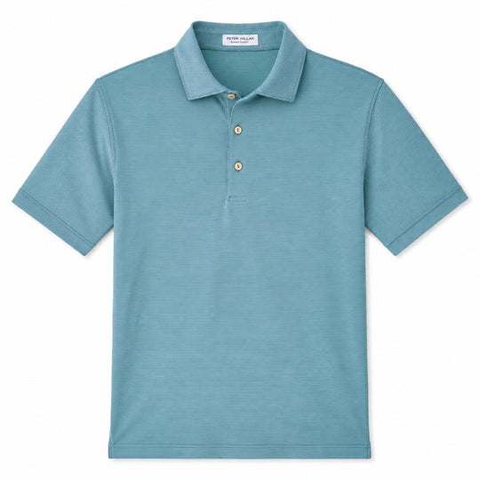 Blue Peter Millar performance jersey polo with fine horizontal stripes, self-fabric collar, and three-button placket.