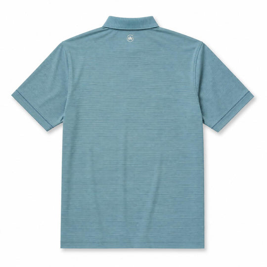 Back view of a blue Peter Millar performance jersey polo with a self-fabric collar and small crown logo at the neck.