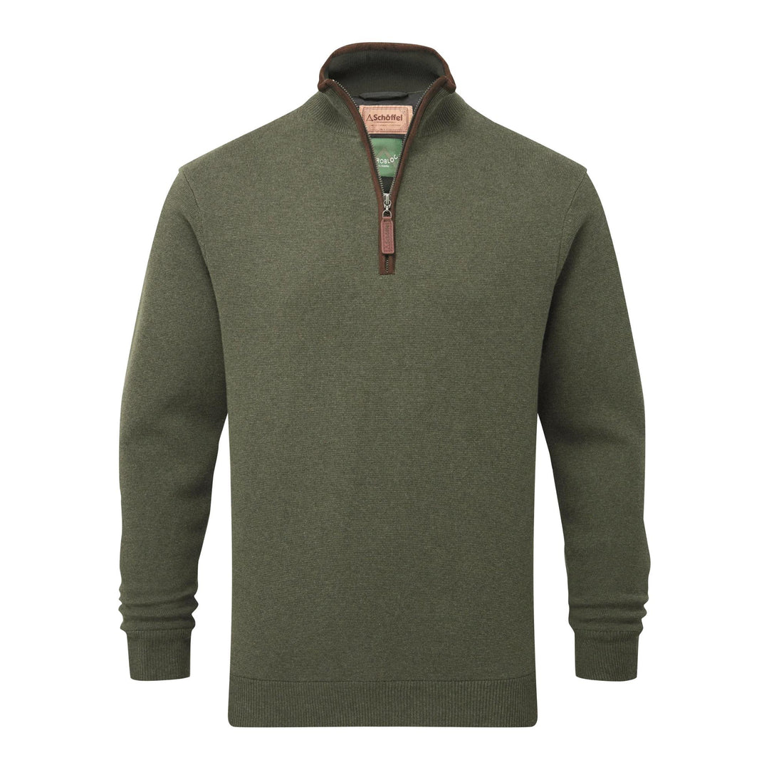 Olive green Schoffel Angus quarter-zip jumper in Milano-stitch cotton with brown leather trim and Aerobloc windproof lining.