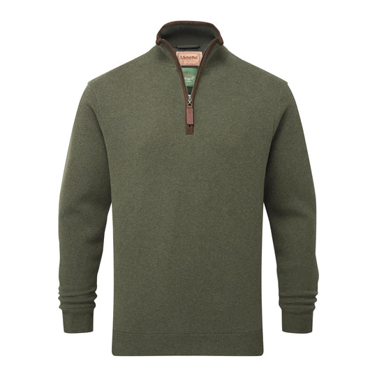 Olive green Schoffel Angus quarter-zip jumper in Milano-stitch cotton with brown leather trim and Aerobloc windproof lining.