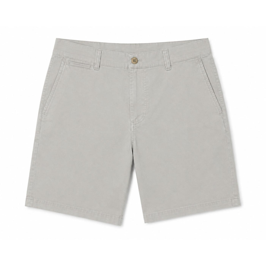Light grey Johnnie-O Nassau garment-dyed stretch cotton shorts with a 7-inch inseam and classic button-fly closure.