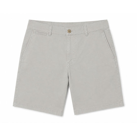 Light grey Johnnie-O Nassau garment-dyed stretch cotton shorts with a 7-inch inseam and classic button-fly closure.