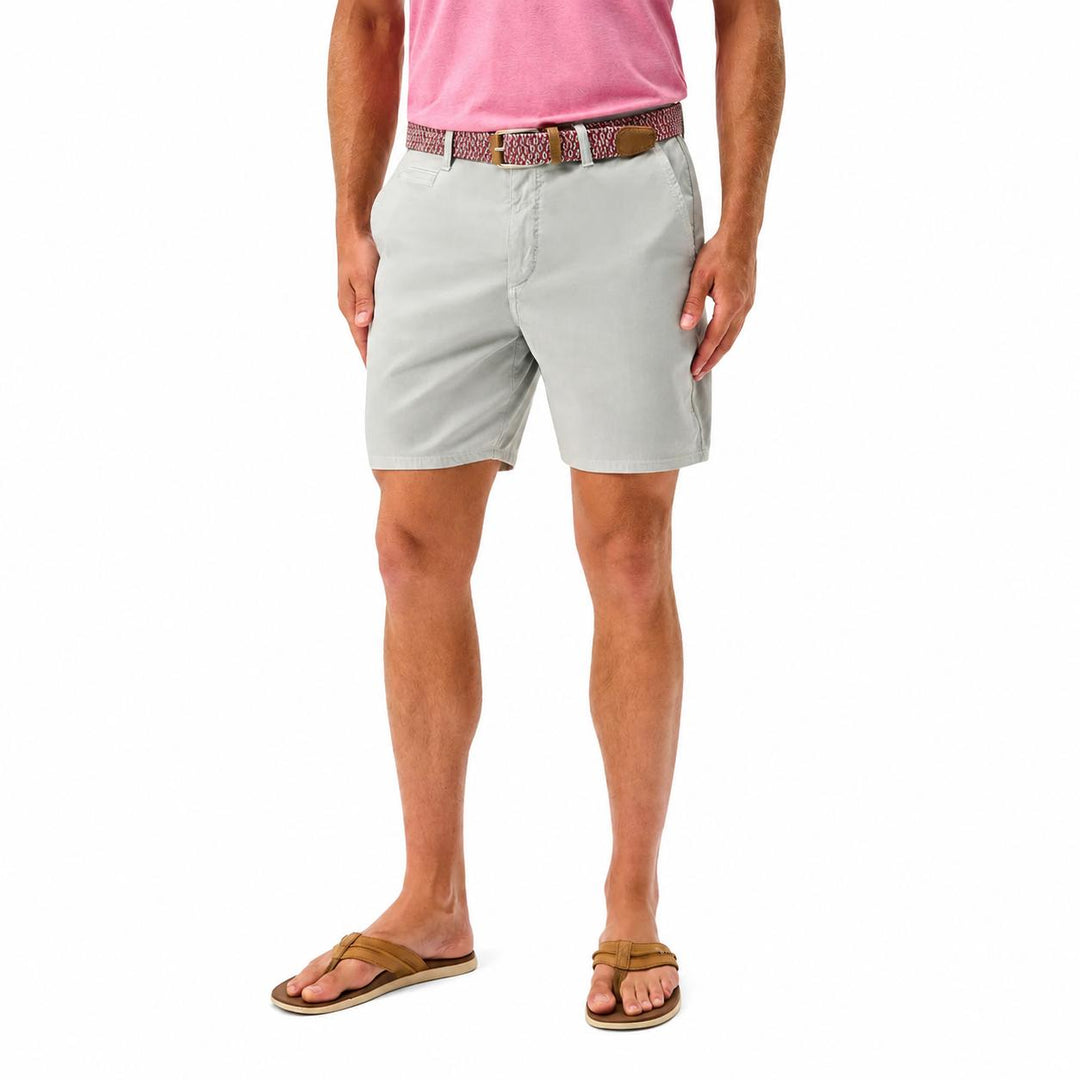 Light grey Johnnie-O Nassau garment-dyed stretch cotton shorts with a 7-inch inseam and tailored fit.