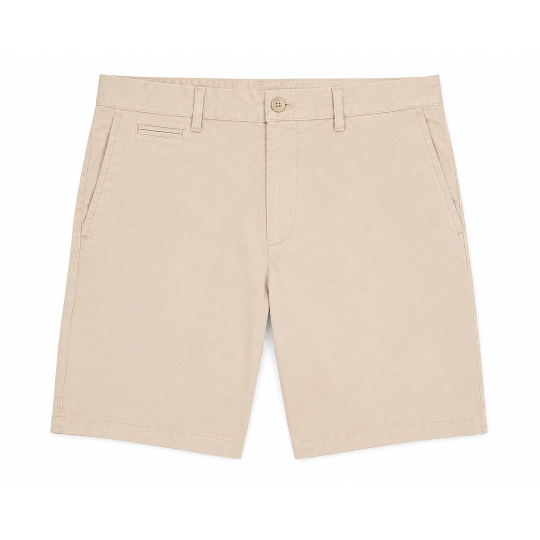 Beige Johnnie-O Nassau garment-dyed stretch cotton shorts with a 7-inch inseam and tailored front pockets.