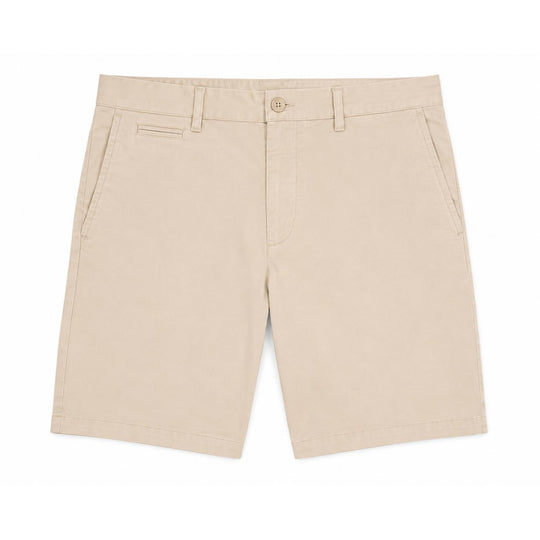 Beige Johnnie-O Nassau garment-dyed stretch cotton shorts with a 7-inch inseam and tailored front pockets.