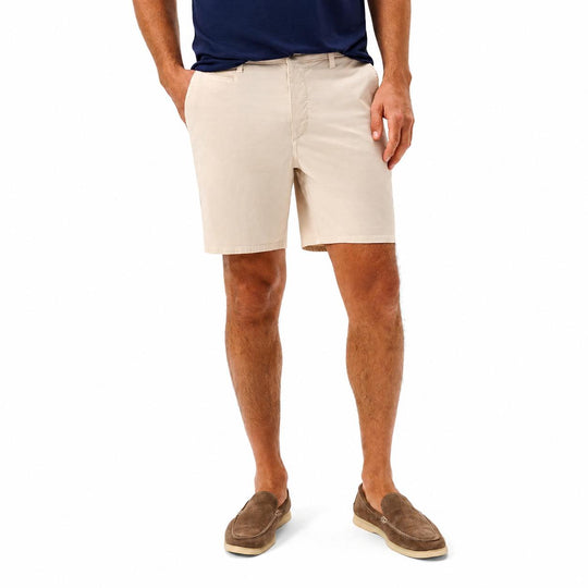 Beige Johnnie-O Nassau garment-dyed stretch cotton shorts with a 7-inch inseam and tailored fit.