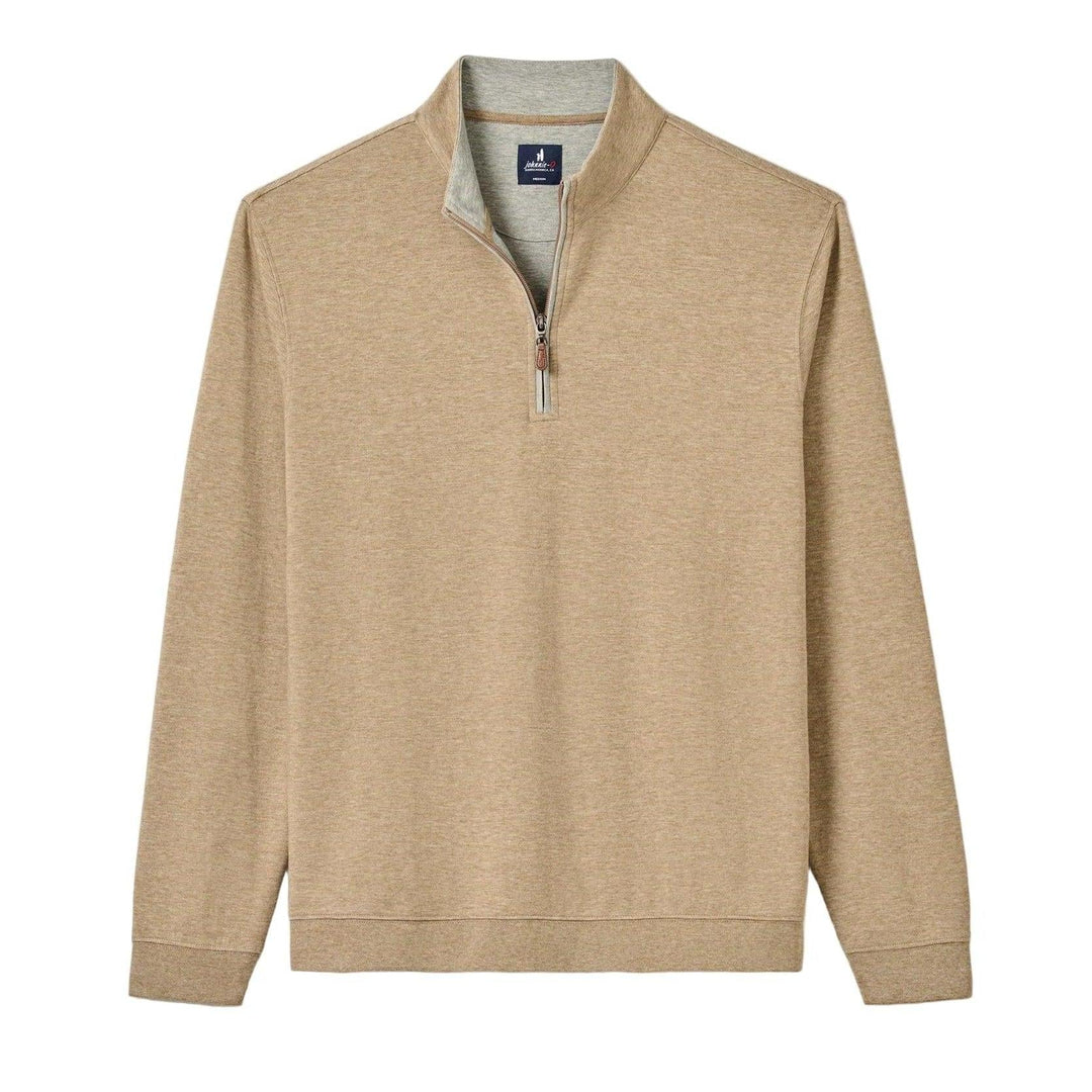 Tan heathered cotton-blend quarter-zip pullover with a contrast grey inner collar and signature leather zipper pull.