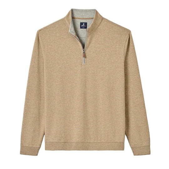 Tan heathered cotton-blend quarter-zip pullover with a contrast grey inner collar and signature leather zipper pull.