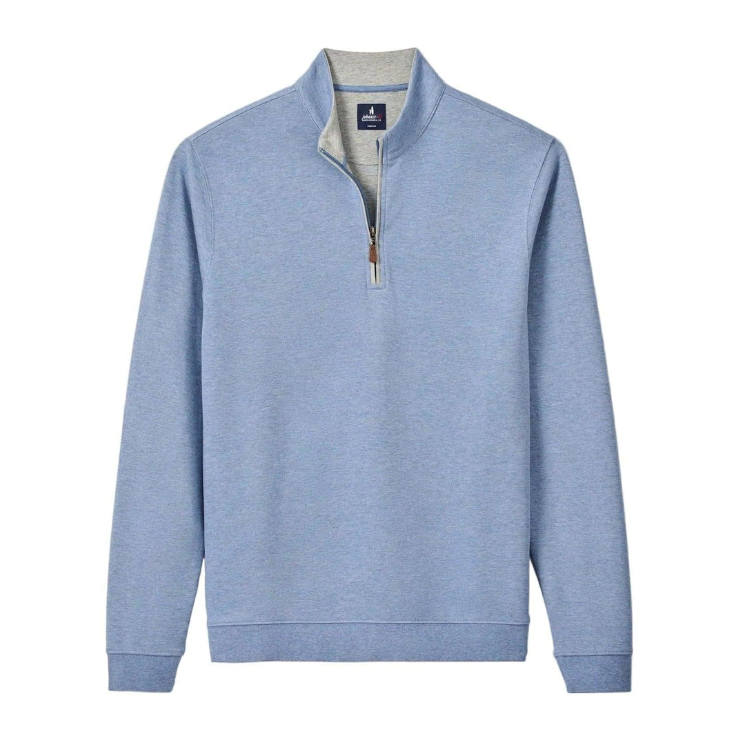 Light blue heathered cotton-blend quarter-zip pullover with a grey contrast collar and leather zipper pull.