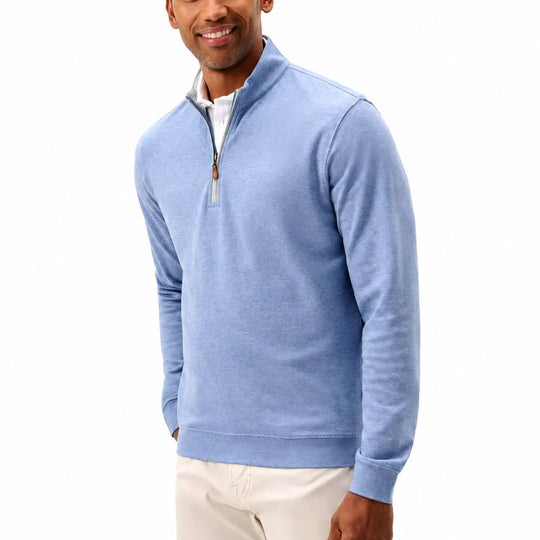 Light blue heathered cotton-blend quarter-zip pullover with a leather zipper pull and contrast collar.