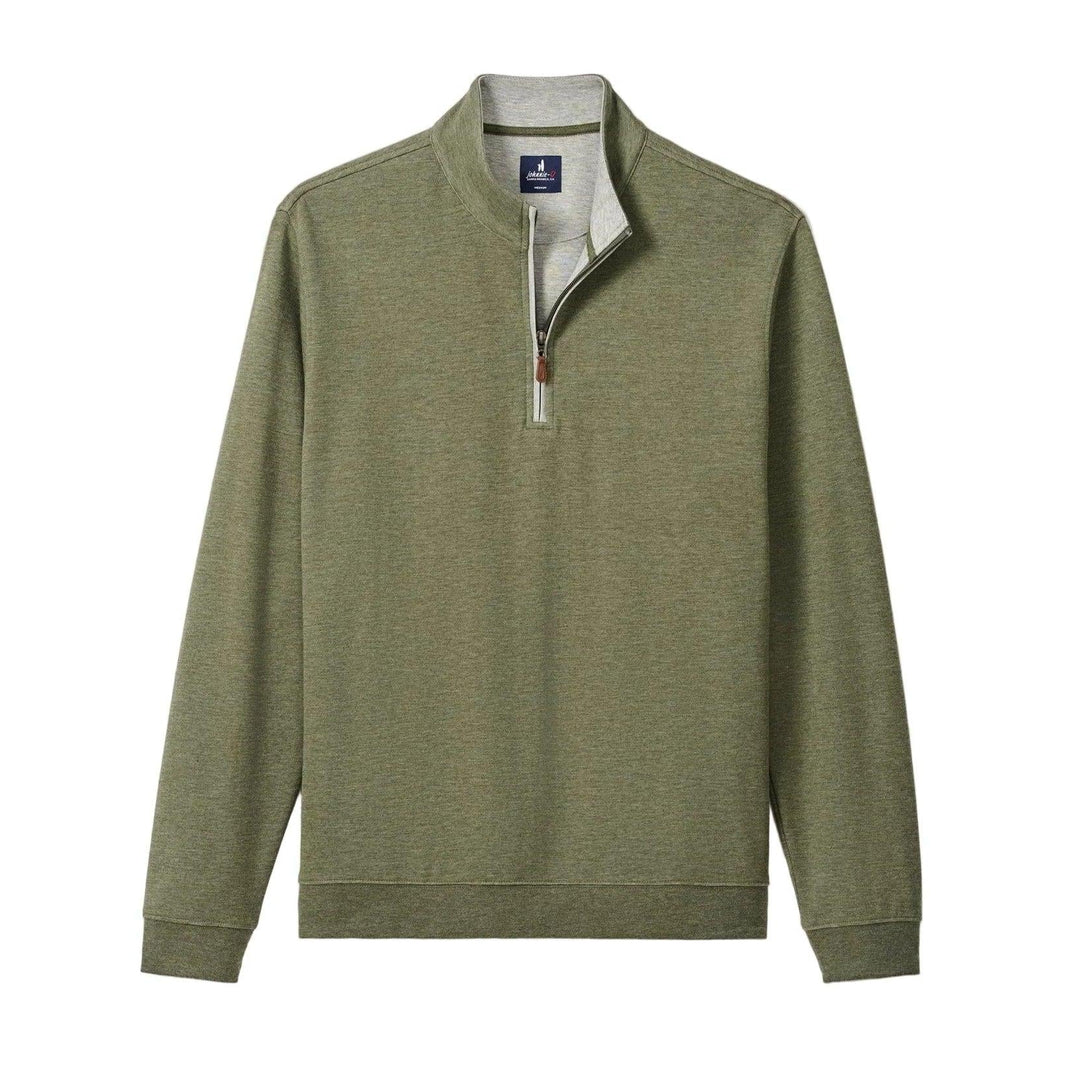 Olive green heathered cotton-blend 1/4 zip pullover with a contrast grey inner collar and leather zipper pull.