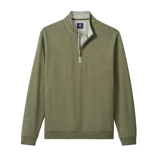 Olive green heathered cotton-blend 1/4 zip pullover with a contrast grey inner collar and leather zipper pull.