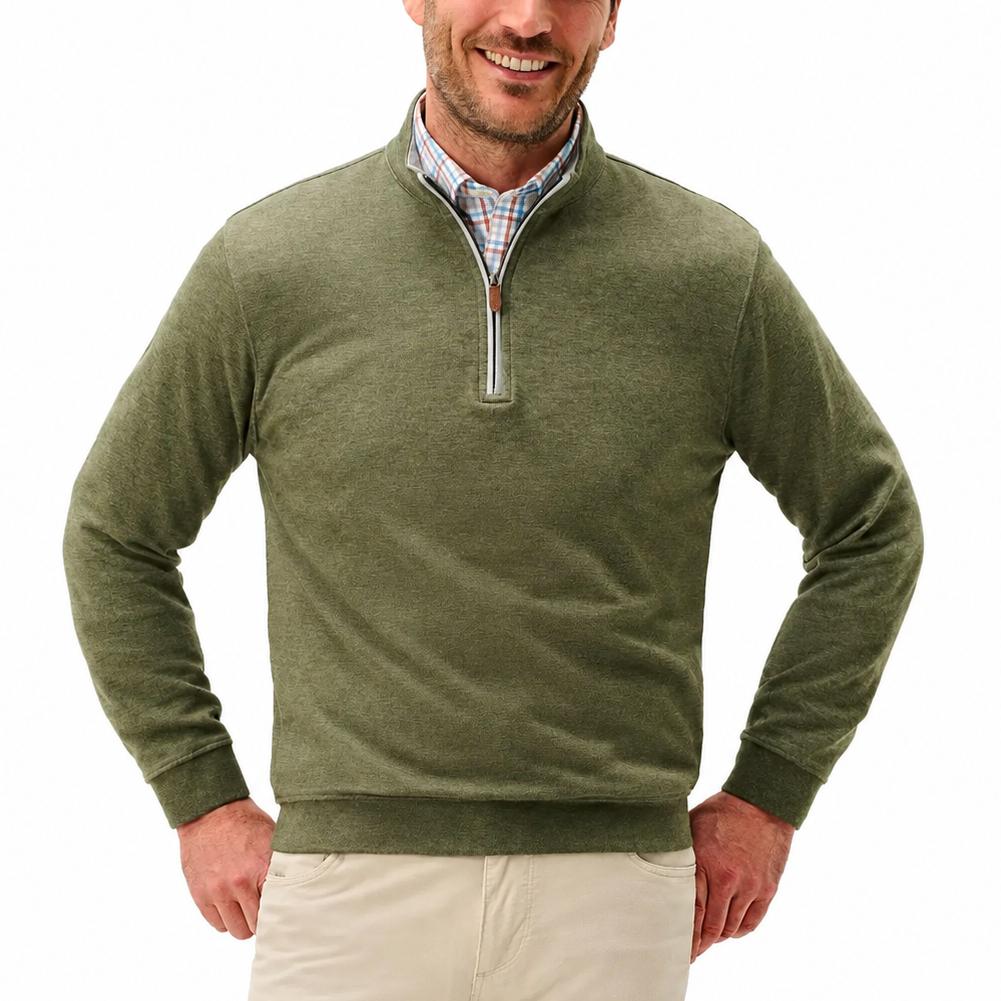 Olive green heathered cotton-blend 1/4 zip pullover with leather zipper pull and contrast collar detail.