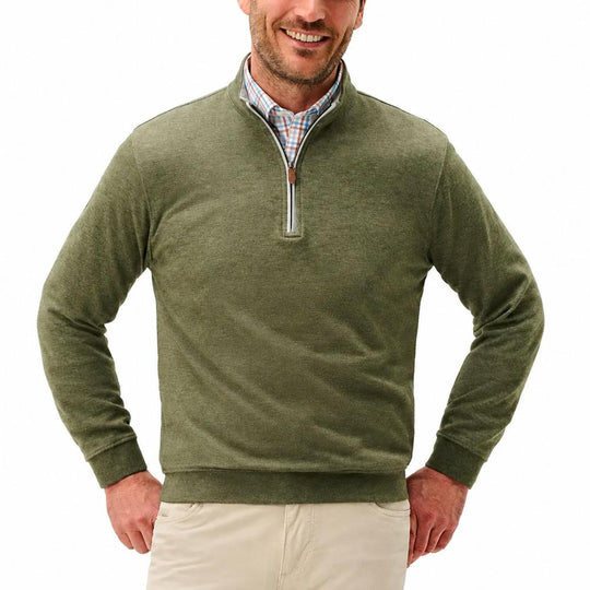 Olive green heathered cotton-blend 1/4 zip pullover with leather zipper pull and contrast collar detail.