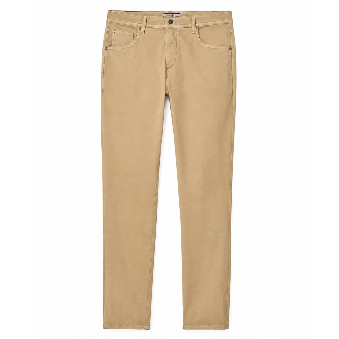 Johnnie-O Carmel sateen 5-pocket pants in tan with a garment-dyed finish, signature rivets, and a slim modern fit.