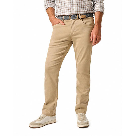 Johnnie-O Carmel sateen 5-pocket pants in tan, featuring a soft, garment-dyed stretch fabric and a modern tailored fit.