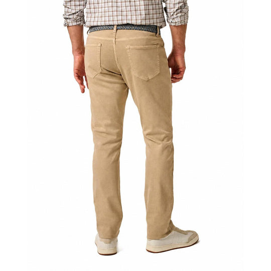 Back view of tan Johnnie-O sateen 5-pocket pants featuring a suede waistband patch and a modern, lived-in fit.