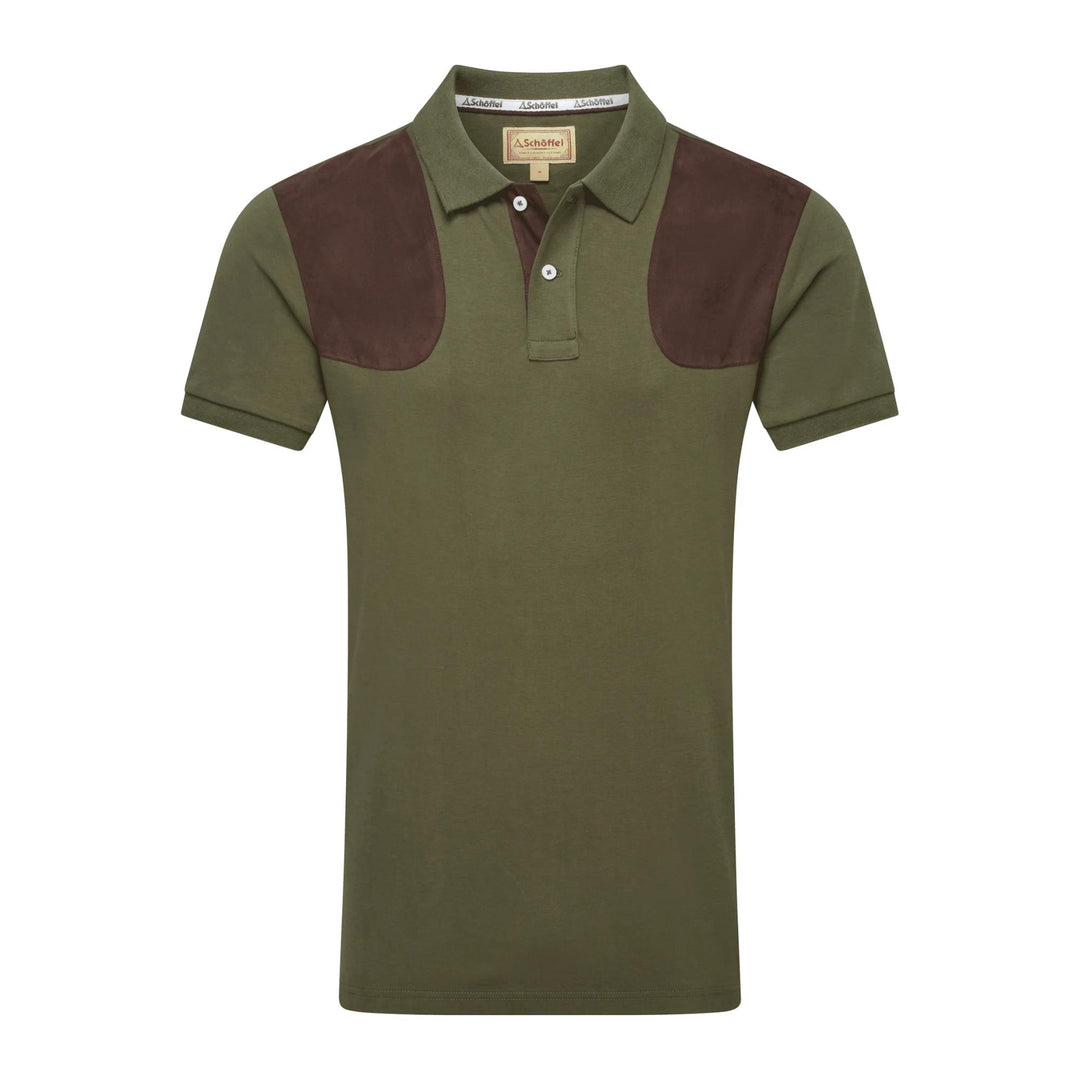 Olive green Schoffel Cordoba polo shirt in soft cotton with brown suede shoulder patches and branded buttons.