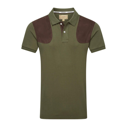 Olive green Schoffel Cordoba polo shirt in soft cotton with brown suede shoulder patches and branded buttons.