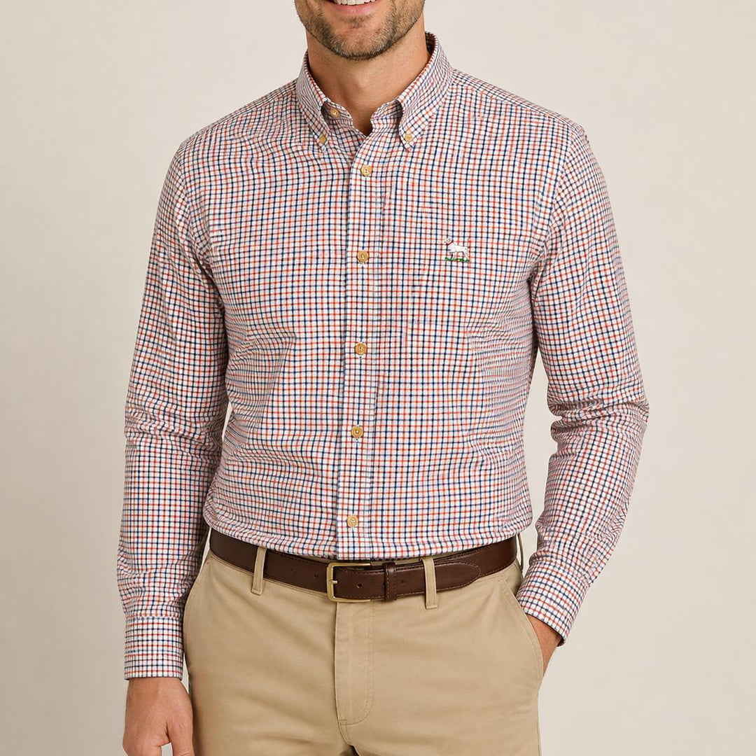 Kevin's Wrinkle-Free Navy, Red, & White Plaid Shirt with Pointer