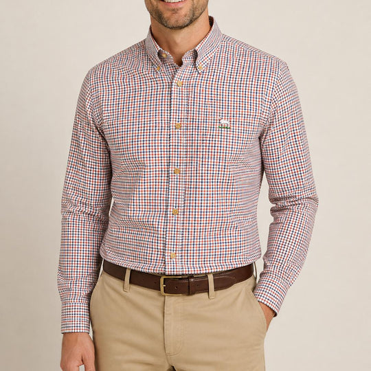 Kevin's Wrinkle-Free Navy, Red, & White Plaid Shirt with Pointer