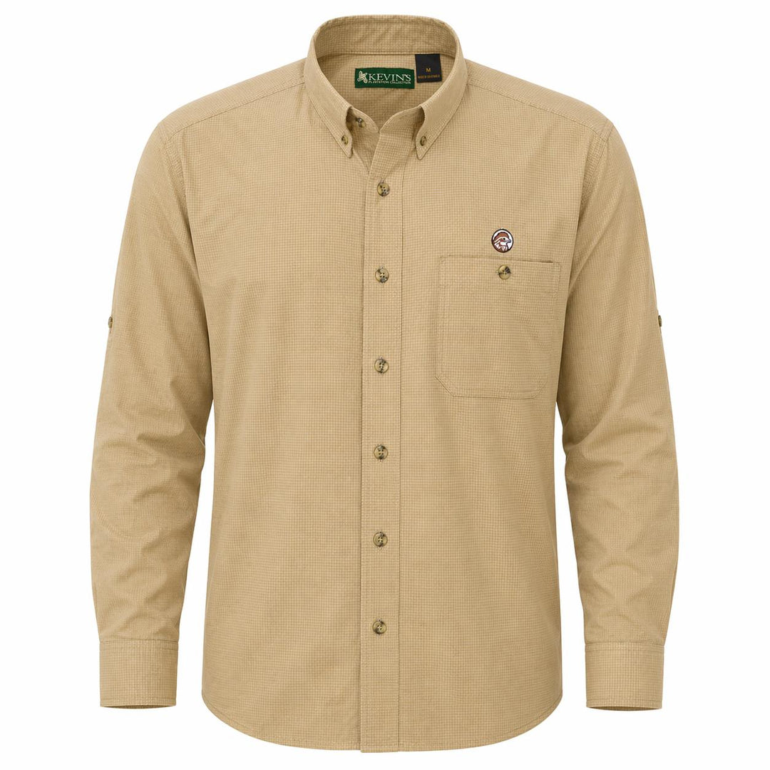 Beige button-up shirt with a brand logo on a white background
