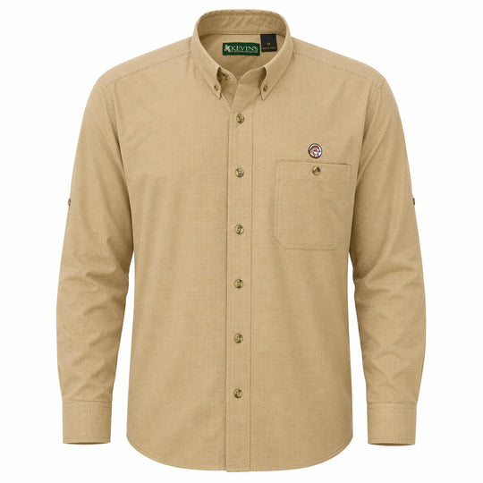 Beige button-up shirt with a brand logo on a white background