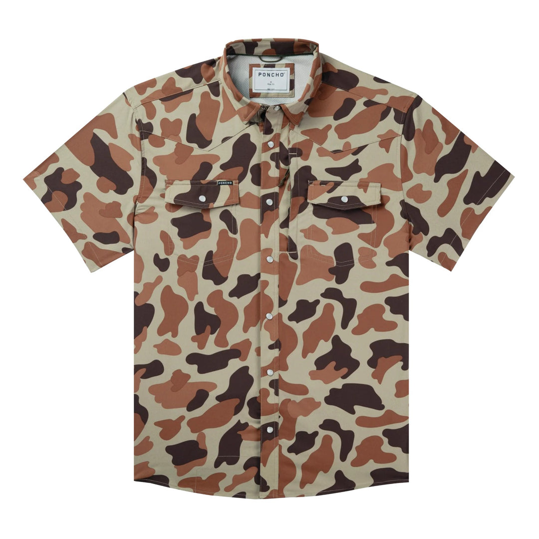 an and brown camouflage short-sleeve western shirt with pearl snap buttons and dual chest pockets.
