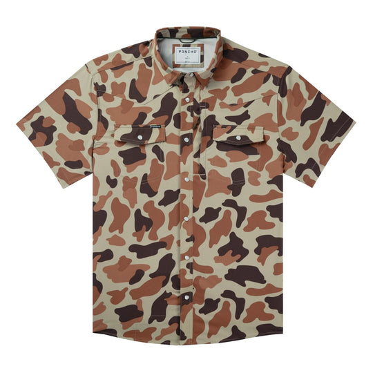 an and brown camouflage short-sleeve western shirt with pearl snap buttons and dual chest pockets.