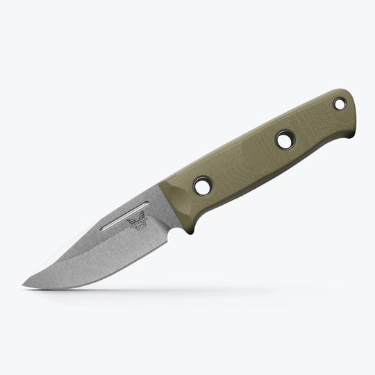 Benchmade Mini Bushcrafter fixed blade knife with a stonewashed steel drop-point blade and OD Green G10 handle.