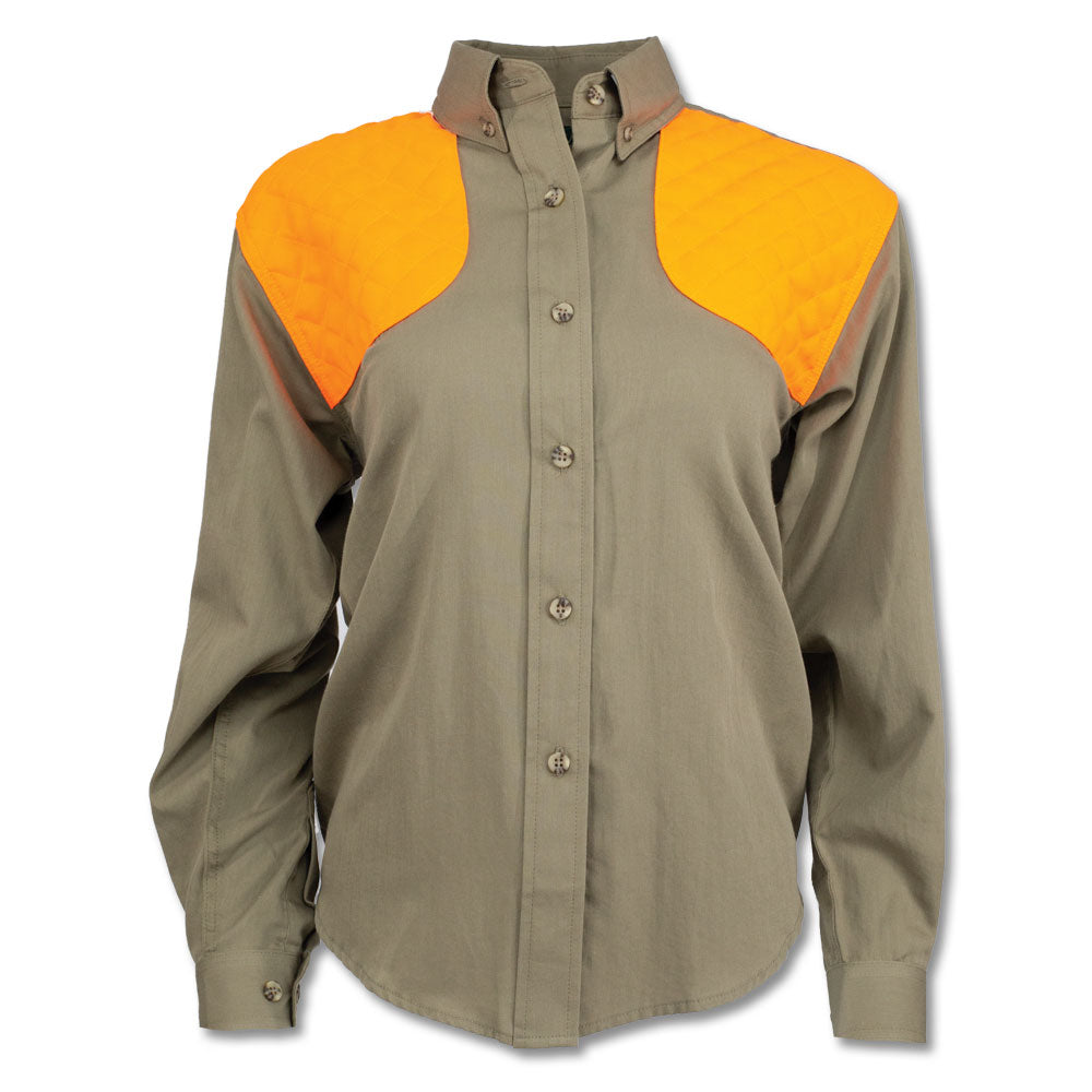 Olive green cotton poplin ladies shooting shirt with bright orange quilted shoulder patches and button-down collar.