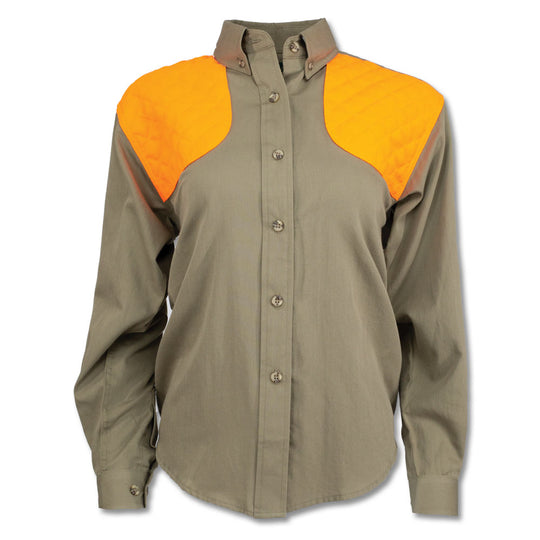 Olive green cotton poplin ladies shooting shirt with bright orange quilted shoulder patches and button-down collar.