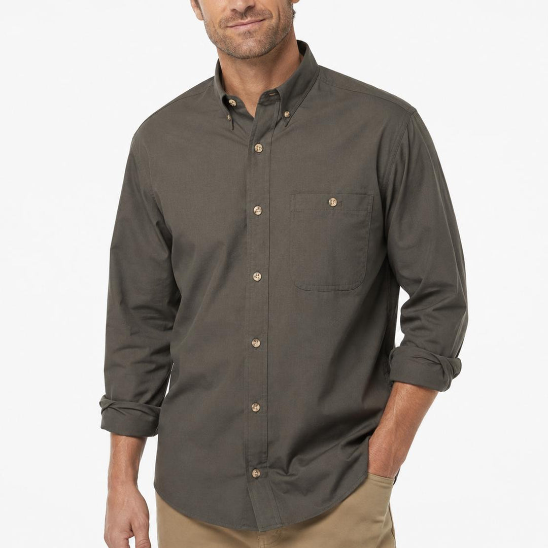 Olive green long-sleeve field shirt in lightweight cotton poplin with horn buttons and a chest pocket.