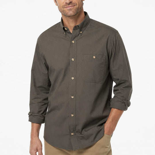 Olive green long-sleeve field shirt in lightweight cotton poplin with horn buttons and a chest pocket.