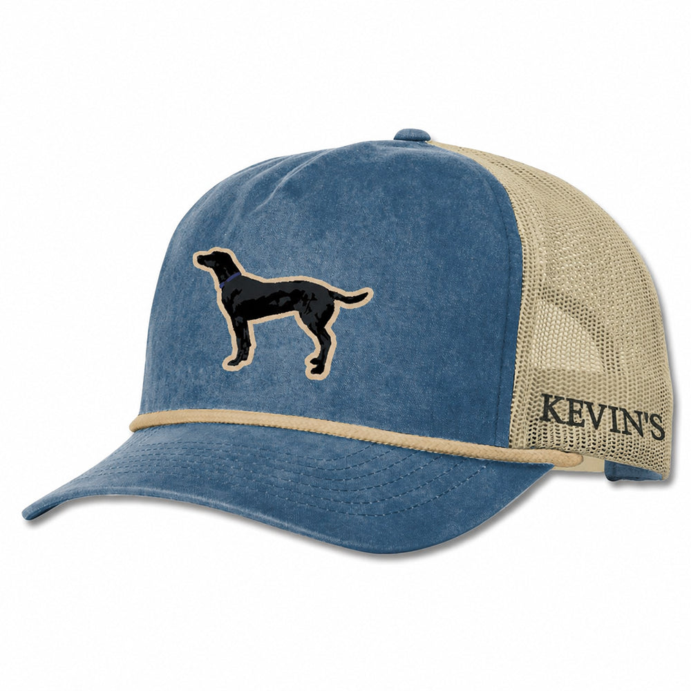 Blue washed cotton snapback cap with tan mesh back, rope detail, and embroidered black lab dog logo.