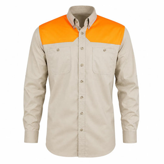 Kevin's Trim Fit Dual Patch Long Sleeve Shooting Shirt-Men's Clothing-Khaki/Blaze-S-Kevin's Fine Outdoor Gear & Apparel