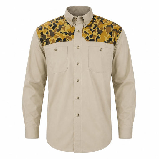Kevin's Trim Fit Dual Patch Long Sleeve Shooting Shirt-Men's Clothing-Khaki/Camo-S-Kevin's Fine Outdoor Gear & Apparel