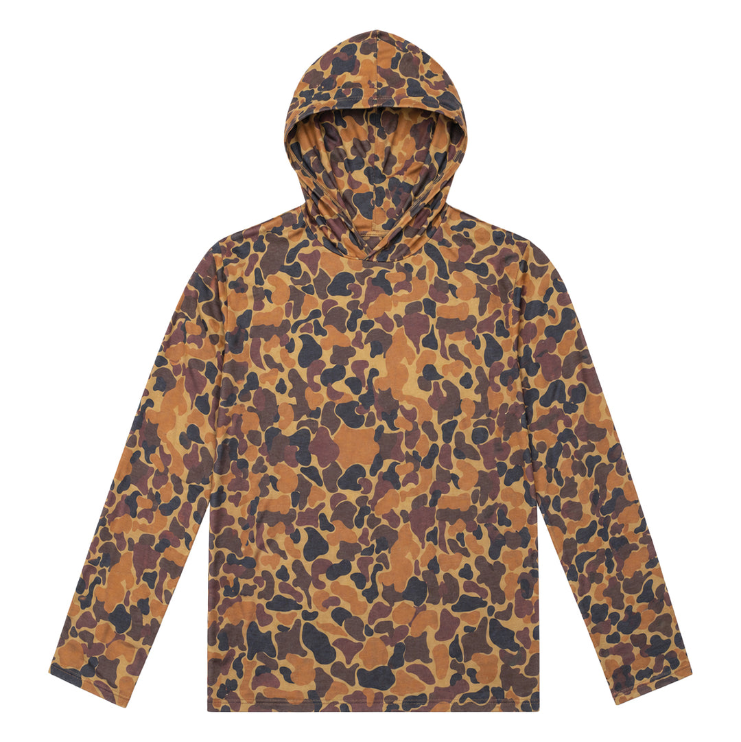 Kevin's DriRelease performance hoody in a brown and black camouflage print, featuring moisture-wicking, breathable fabric.