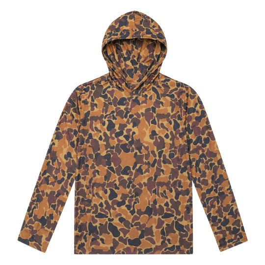 Kevin's DriRelease performance hoody in a brown and black camouflage print, featuring moisture-wicking, breathable fabric.