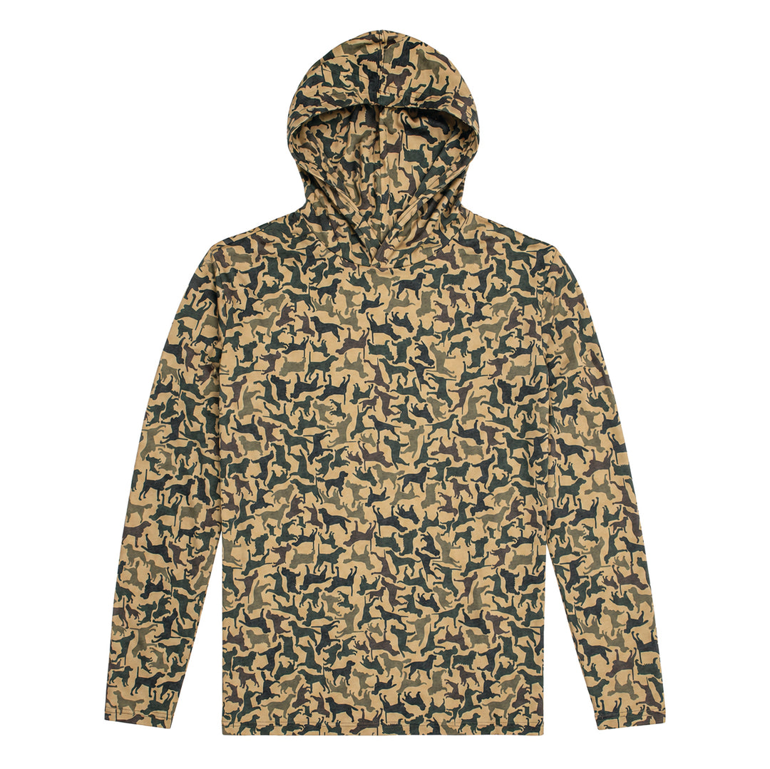 Kevin's DriRelease performance hoody in a tan and dark green dog-patterned camouflage print with a lightweight hood.