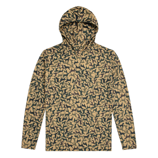 Kevin's DriRelease performance hoody in a tan and dark green dog-patterned camouflage print with a lightweight hood.