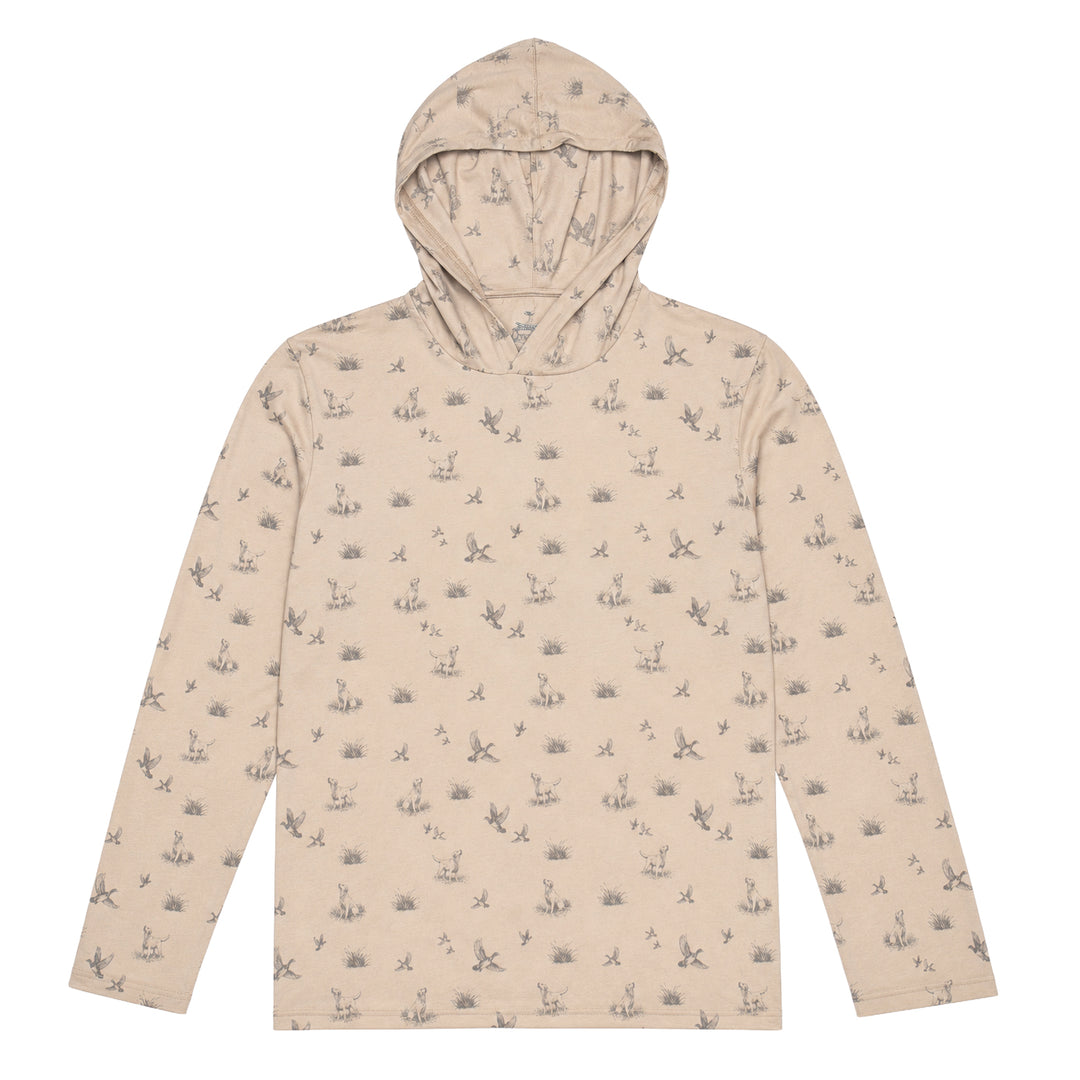 Tan DriRelease performance hoody featuring a repeating pattern of hunting dogs, ducks, and grass prints.
