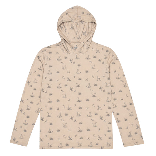 Tan DriRelease performance hoody featuring a repeating pattern of hunting dogs, ducks, and grass prints.