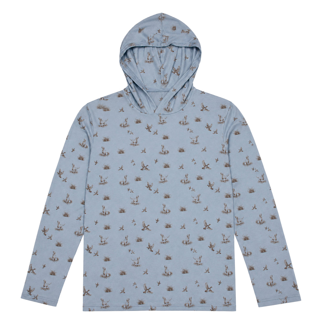 Light blue Kevin's DriRelease performance hoody with a brown hunting dog and duck pattern, featuring a lightweight, breathable fit.