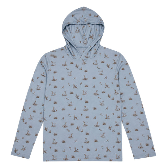Light blue Kevin's DriRelease performance hoody with a brown hunting dog and duck pattern, featuring a lightweight, breathable fit.